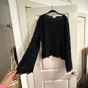 Black Crochet Long Sleeve Top